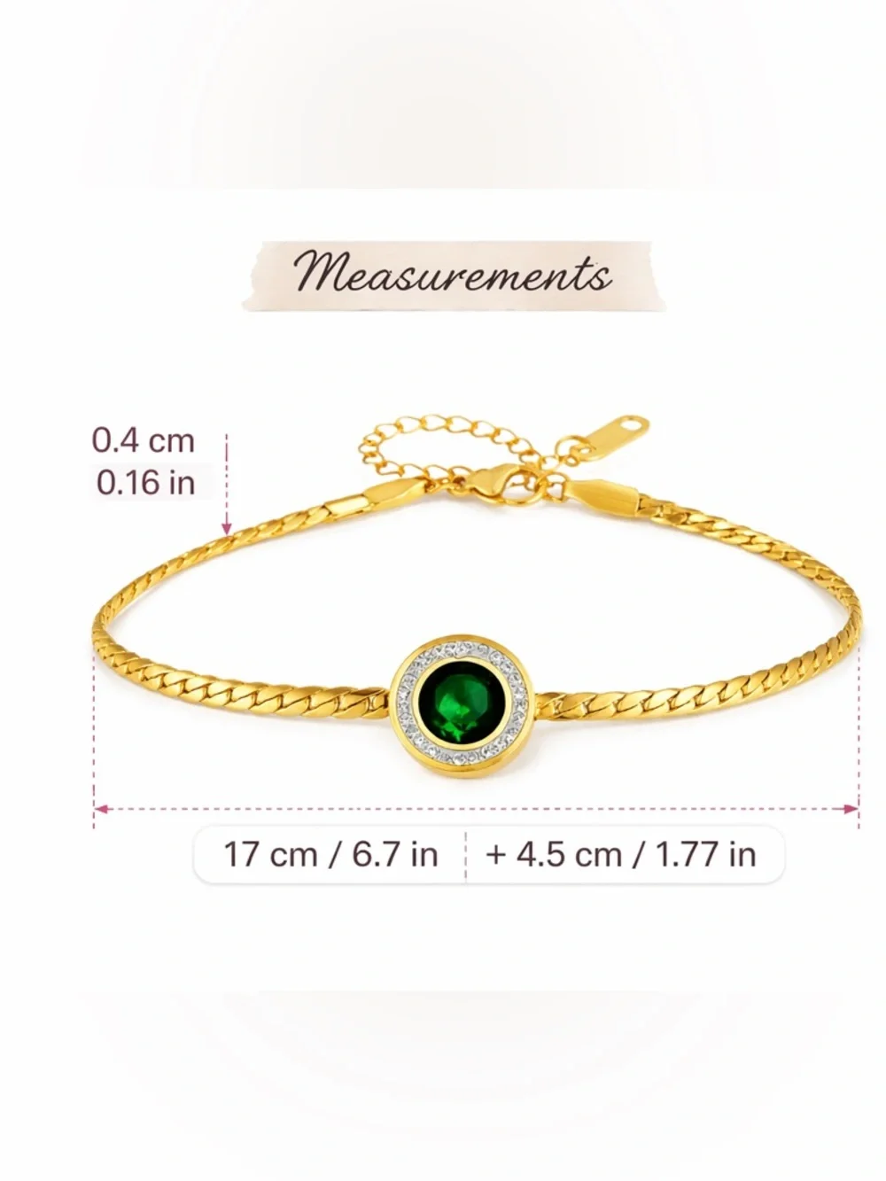 18K Gold Plated Green Gemstone Halo Bracelet CZ Waterproof Stainless Steel